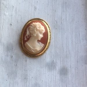 Vintage Coral Red Cameo Brooch Pin, Pendant